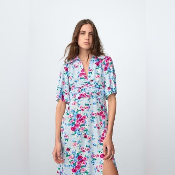 Zara Floral Print Dress New Viscose - Picture 2 of 8